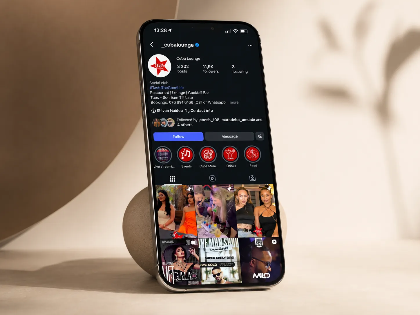 Smartphone mockup showing a nightlife campaign social media profile